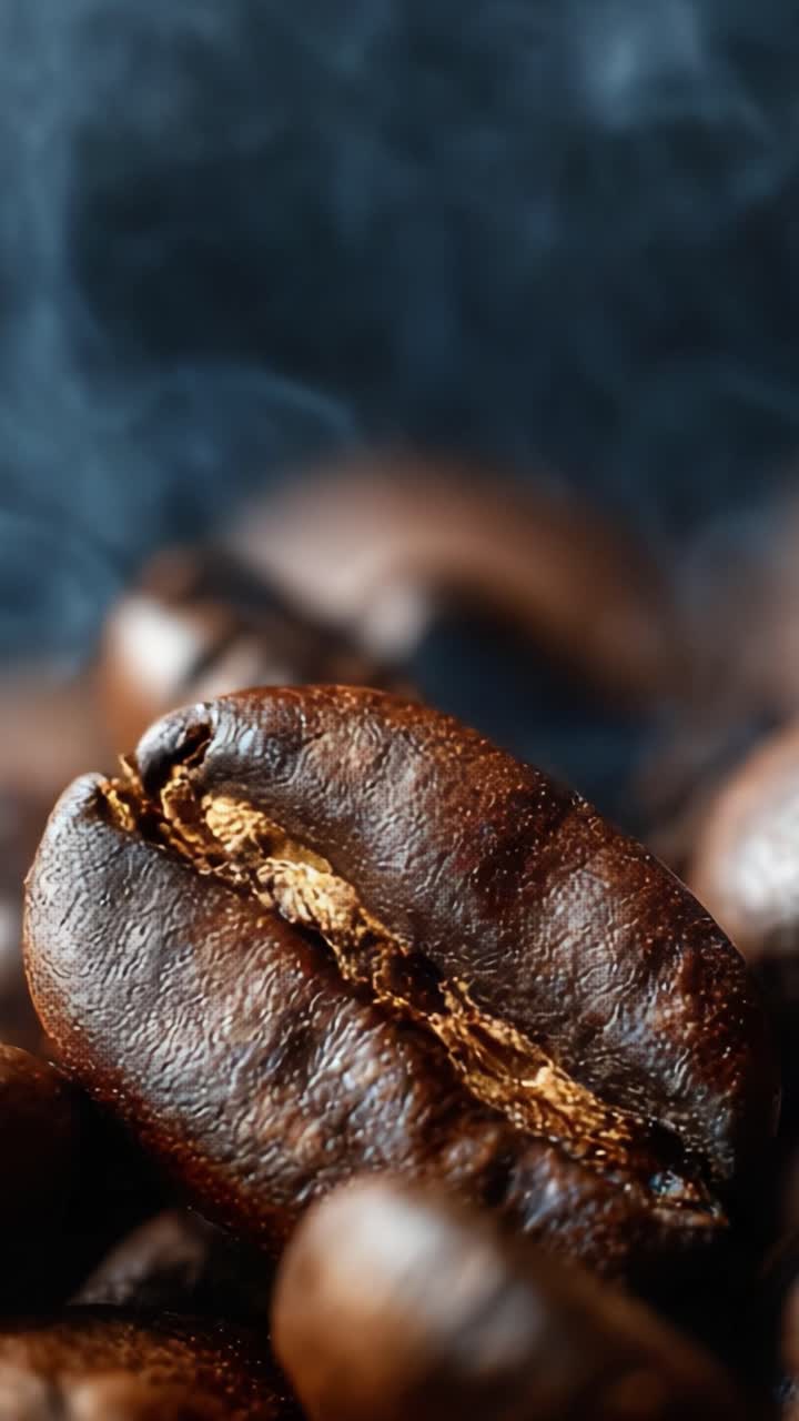Et nærbillede af ristede kaffebønner med rig aroma og dybde, der fanger deres overfladetekstur og røg, og inviterer kaffeelskere til at opleve deres rige smag.