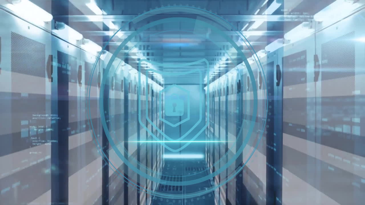 Animation of cyber security text, digital data processing over computer servers
