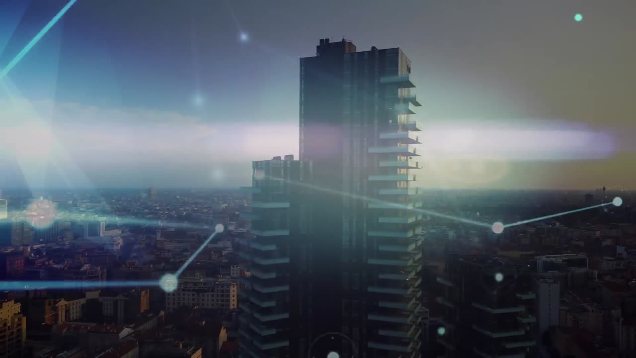 Animazione di reti di connessioni su un paesaggio urbano