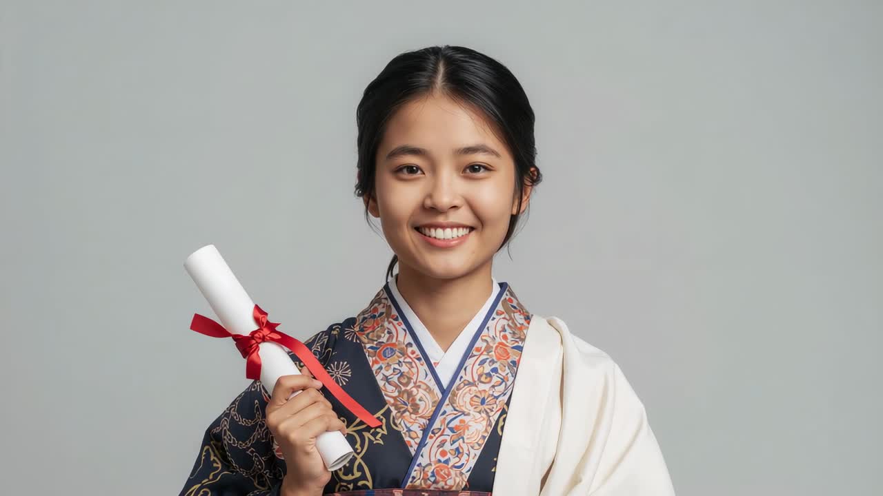 Smilende kvinde, der holder eksamensbevis med studiosession i gang og fejrer dimission i hanbok-sjal