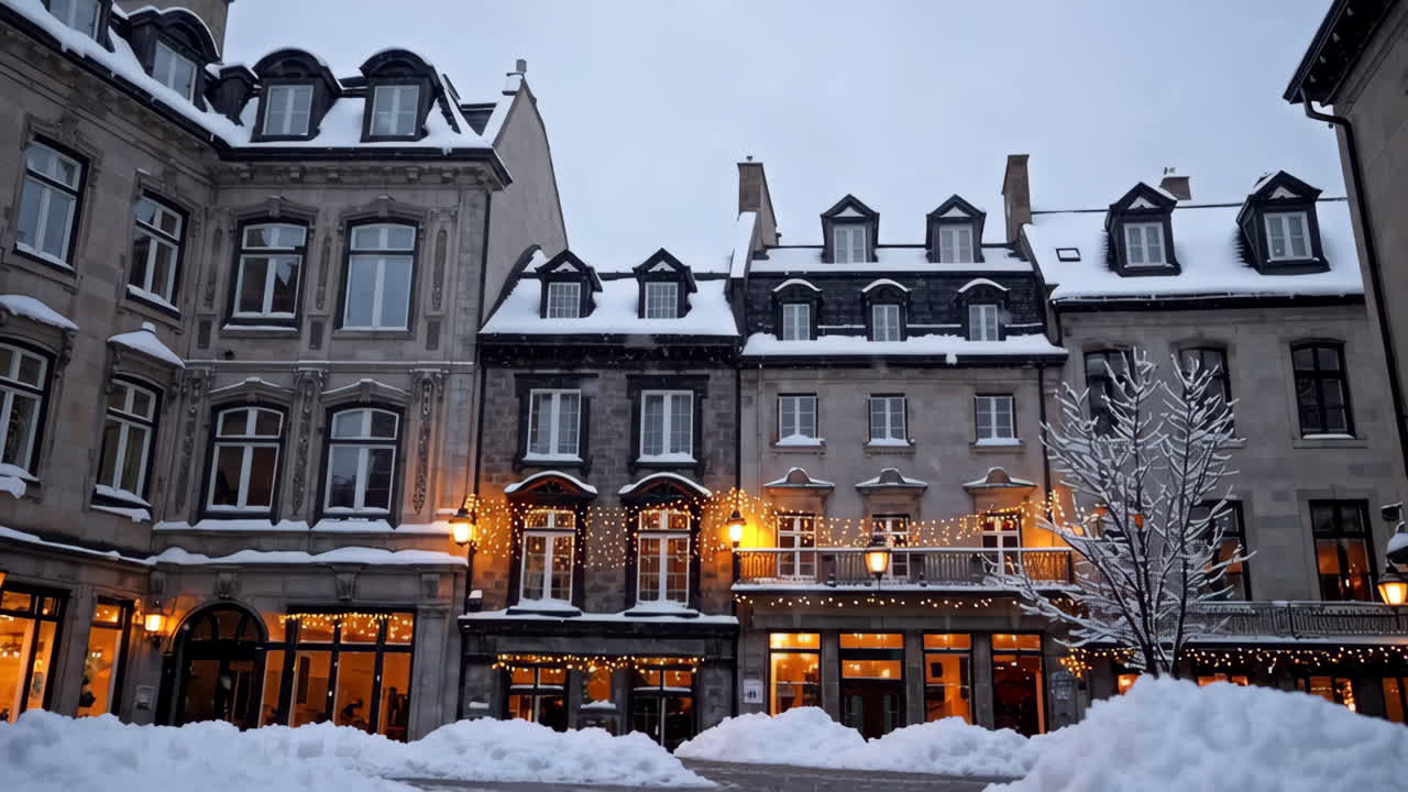 Snowy Historic Buildings with Festive Lights in Winter Evening