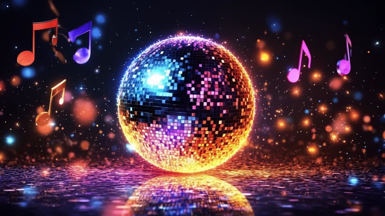 Disco ball shining colors at night. Bright disco ball shines with vibrant reflections and musical notes floating around, creating an energetic atmosphere.