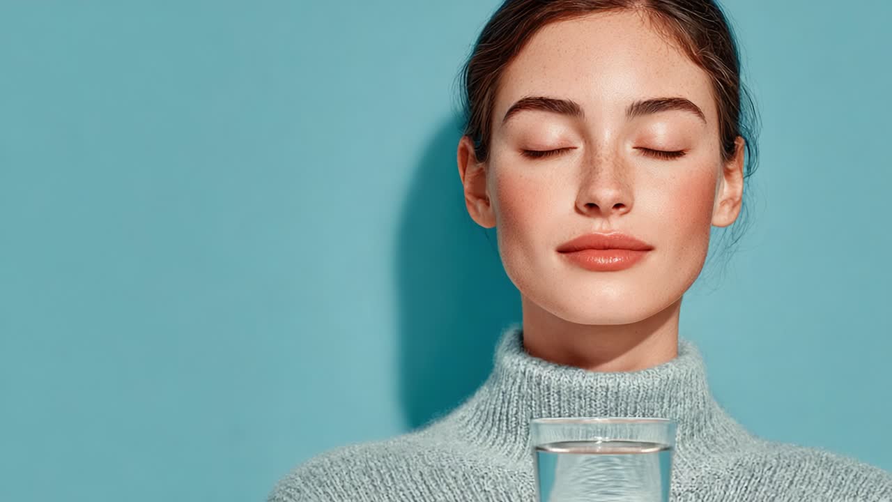Una donna serena che si rinfresca con dell'acqua in un ambiente azzurro: catturare l'essenza dell'idratazione e del benessere attraverso momenti di tranquillità
