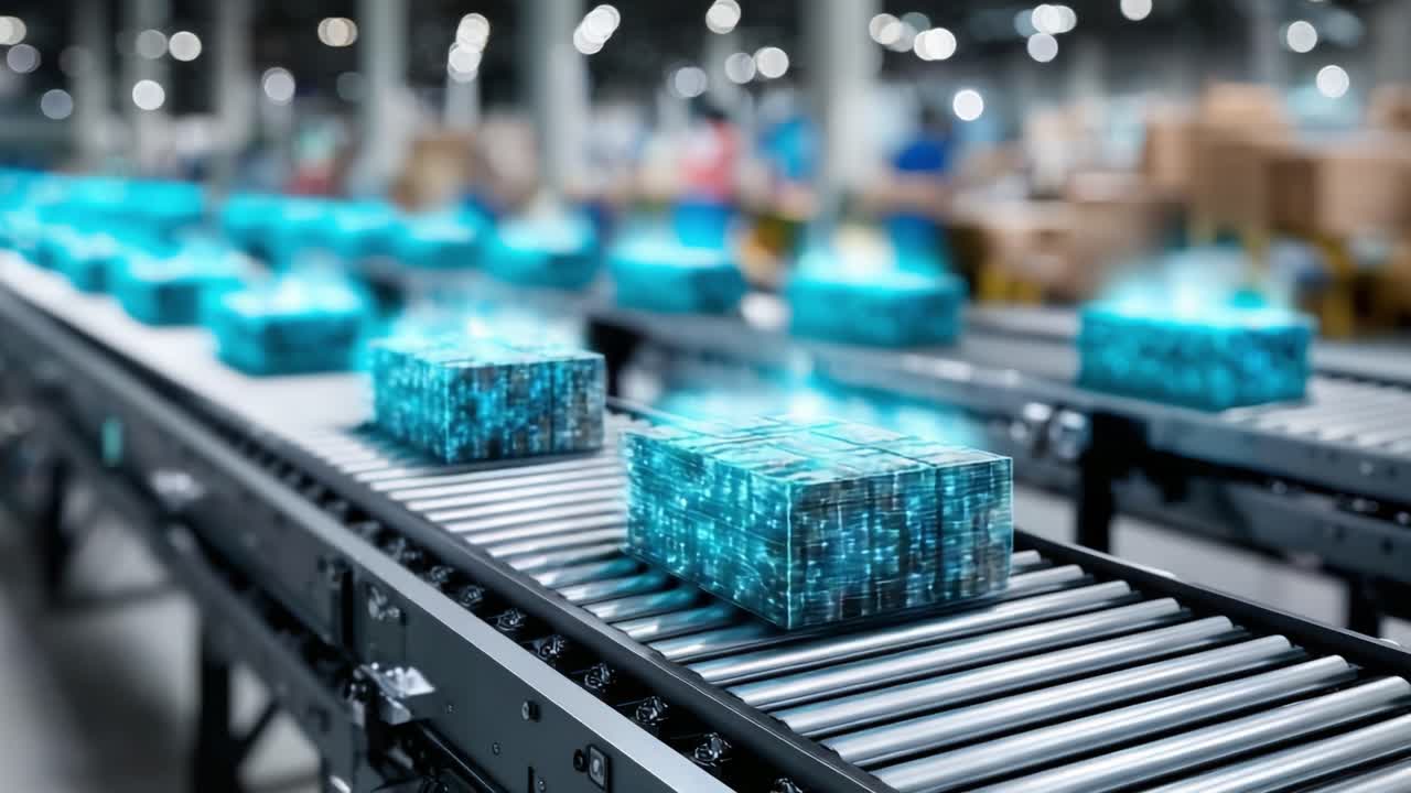 Advanced Automated Conveyor System in a Modern Warehouse with Digitally Enhanced Packages for Streamlined Logistics and Efficient Supply Chain Management