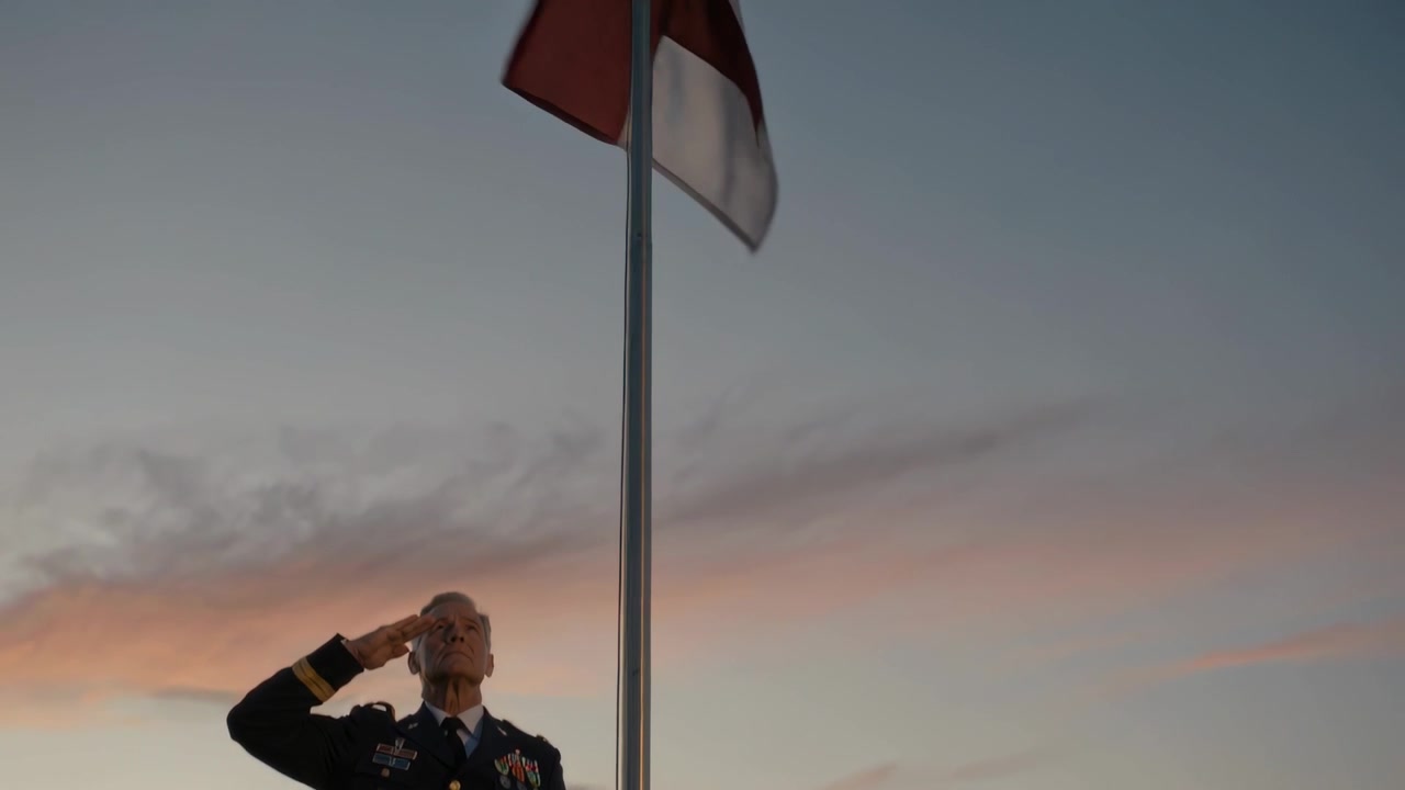 Petugas memberi hormat dengan seragam dinas berhias medali di pangkalan saat senja, tali bendera mengerek bendera