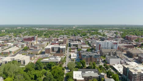 aerial establishing shot above university campus in columbia, missouri on summer day