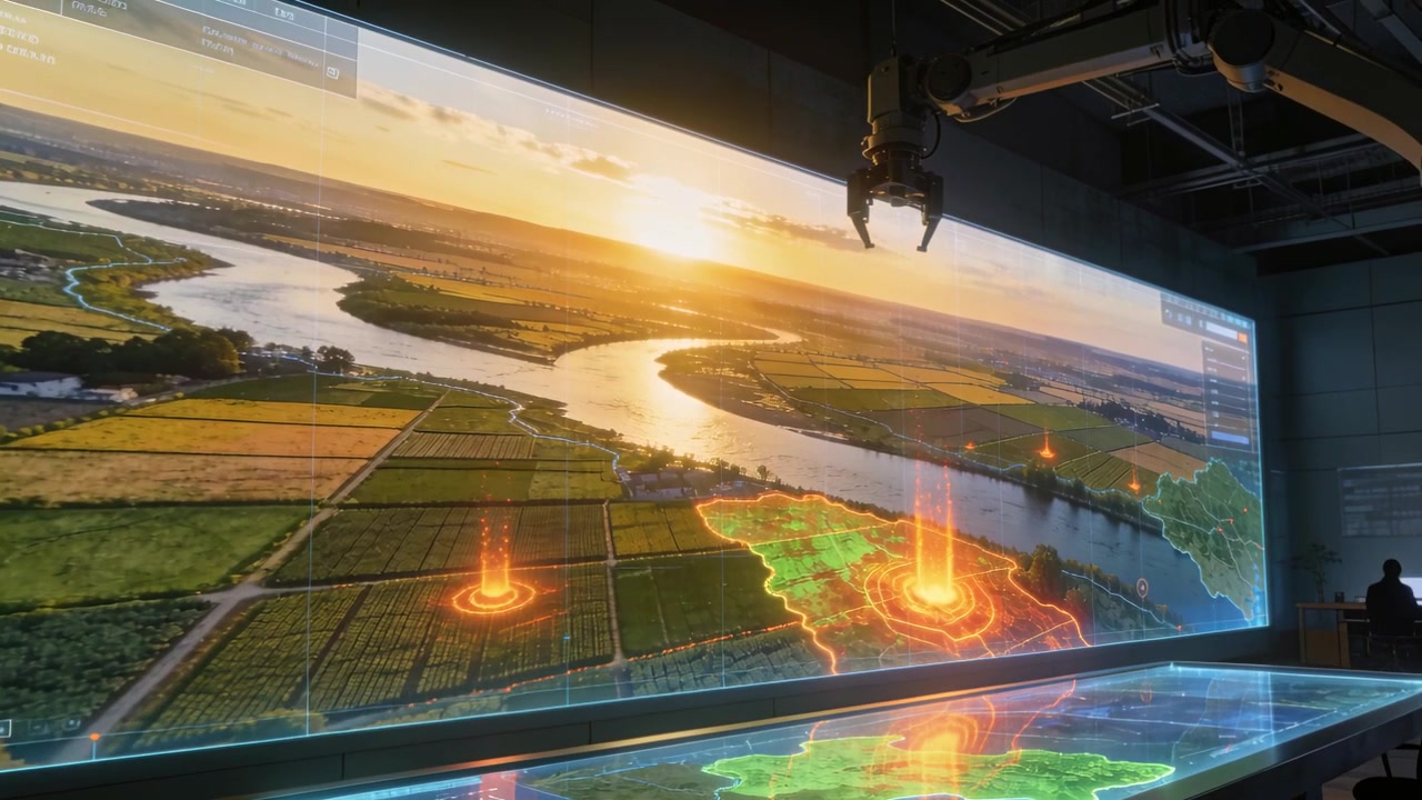 Starting demo, tech initiating pulsing overlays on wide map in control room, robot arm steadying