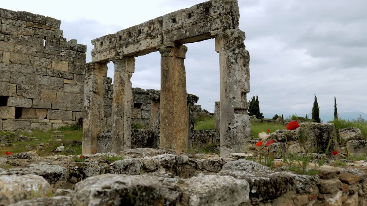 Ancient stone gateway on Frontinus street Hierapolis Unesco site Turkey