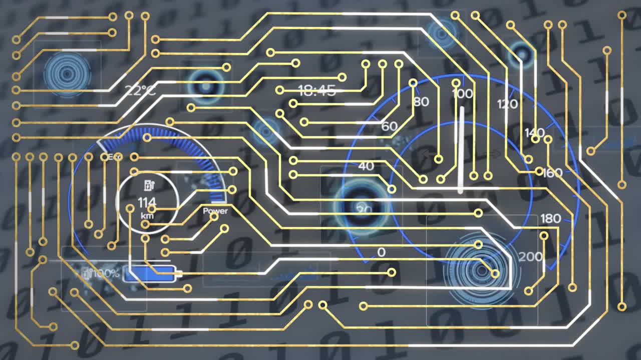 Animation of circuit board pattern over speedometers against binary codes in background