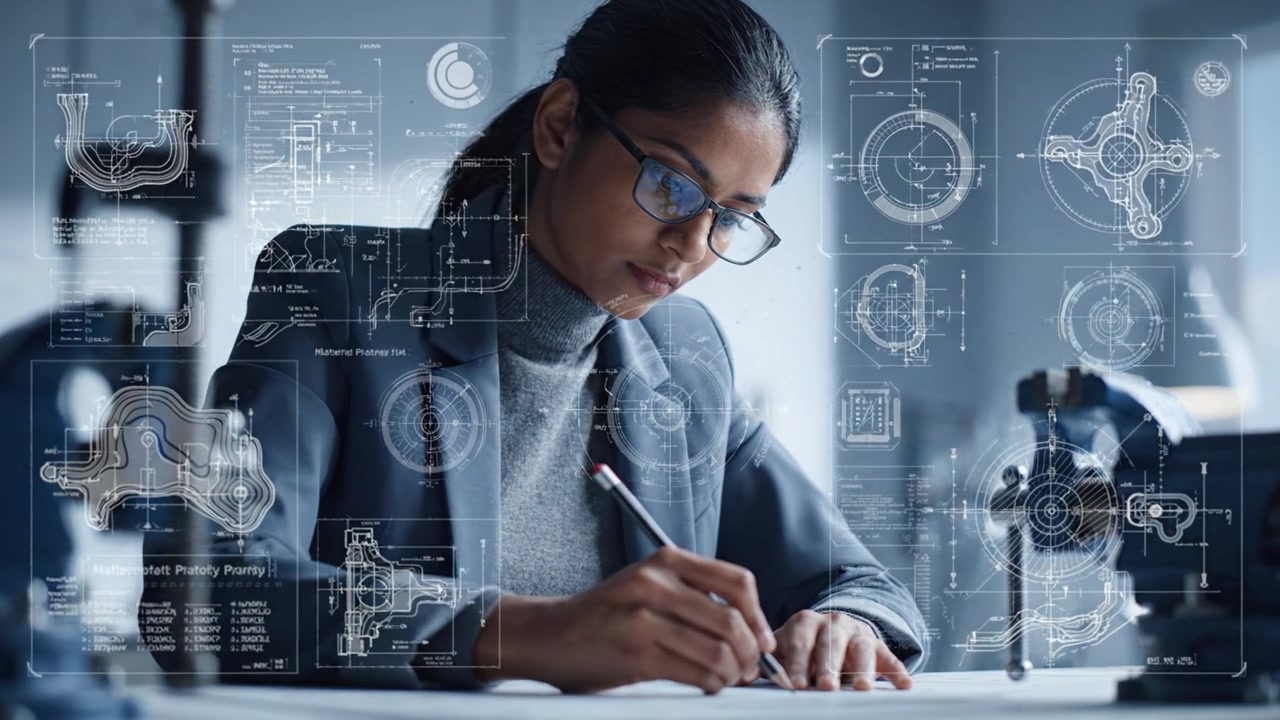 Focused Engineer Analyzing Technical Drawings and Designs in a Bright Office Environment with Advanced Drafting Tools and High-Tech Background Graphics