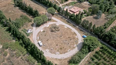 aerial views showcase a camper van parking within a circular road, surrounded by lush trees and vibrant vegetation, creating a serene and picturesque natural setting