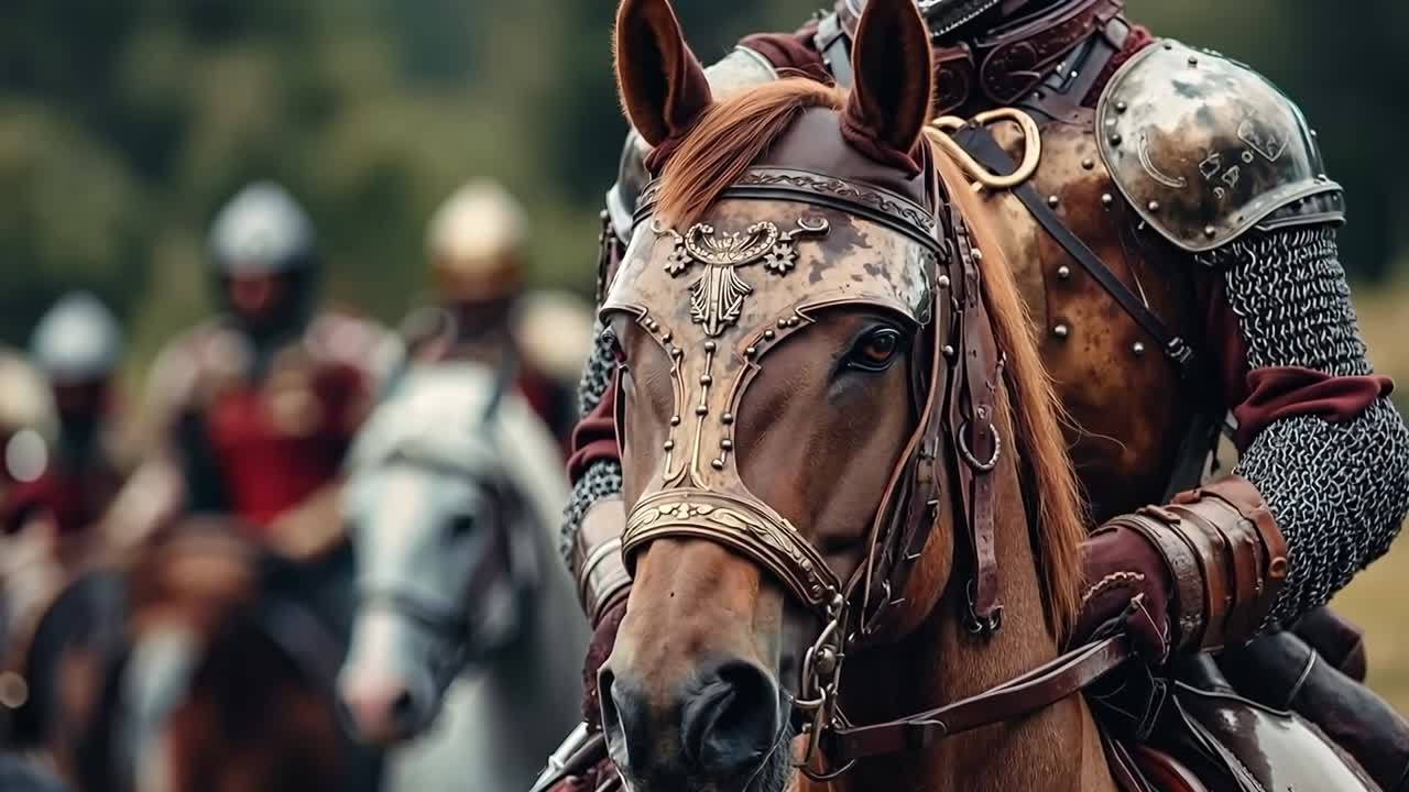 A group of men in armor riding on the back of a brown horse
