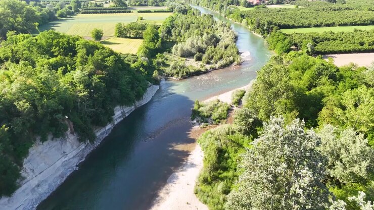 Ripresa aerea con drone che segue un fiume serpeggiante attraverso foreste verdi lussureggianti e campi agricoli