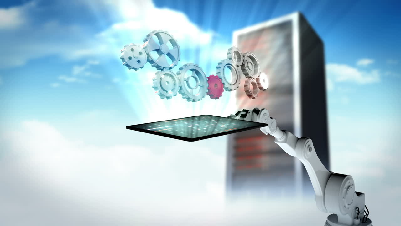 video generado digitalmente de un brazo robótico blanco sosteniendo una tableta digital con engranaje de máquina