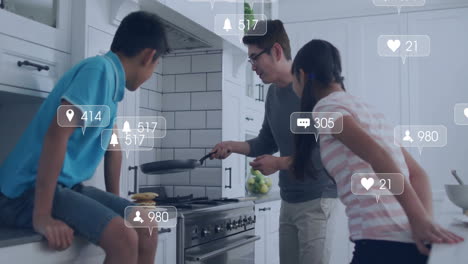 Social-media-notifications-animation-over-family-cooking-together-in-kitchen