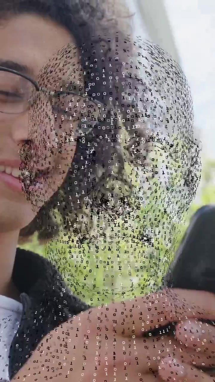 Animation of rotating digital head over happy man using smartphone