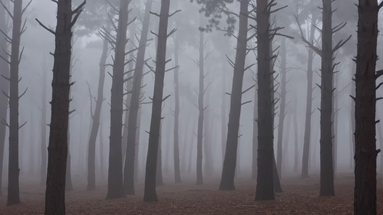 Dense fog enveloping a mysterious pine forest with tall trees and fallen leaves on the ground in autumn, creating a serene and evocative atmosphere