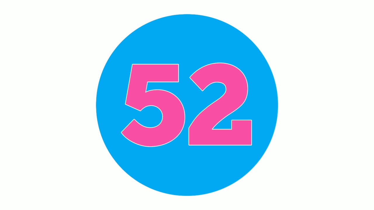 número 52 cincuenta y dos símbolo de signo animación motion graphics en fondo blanco, 4k número de video de dibujos animados para elementos de video
