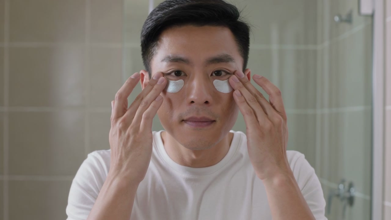 Looking into mirror adult man applying under-eye patches for skincare in bathroom wearing white tee