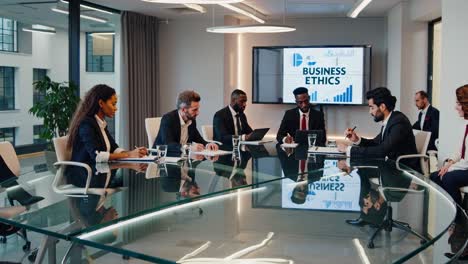high-angle shot of a diverse business team in a modern office discussing ethics video