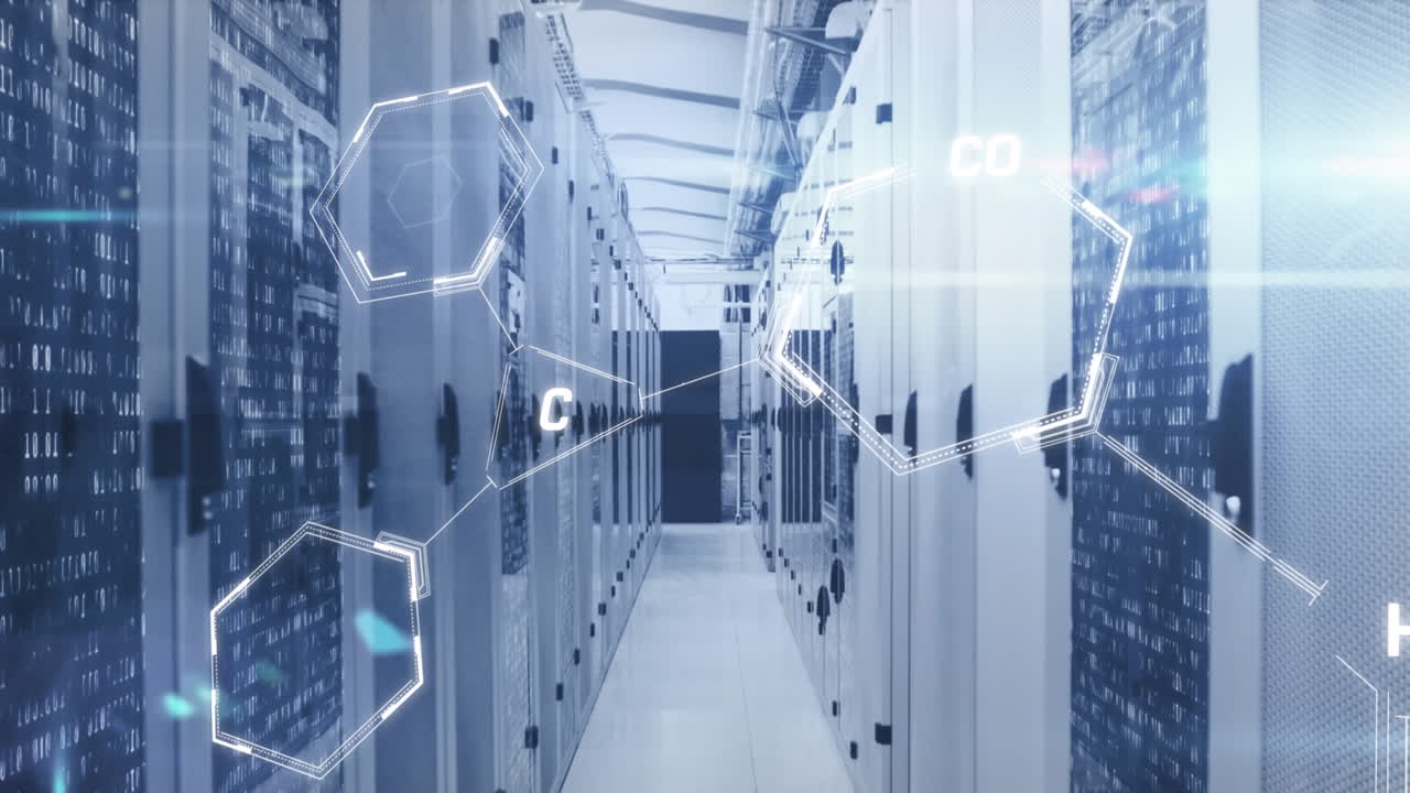 Animation of chemical structures floating and light spot against computer server room