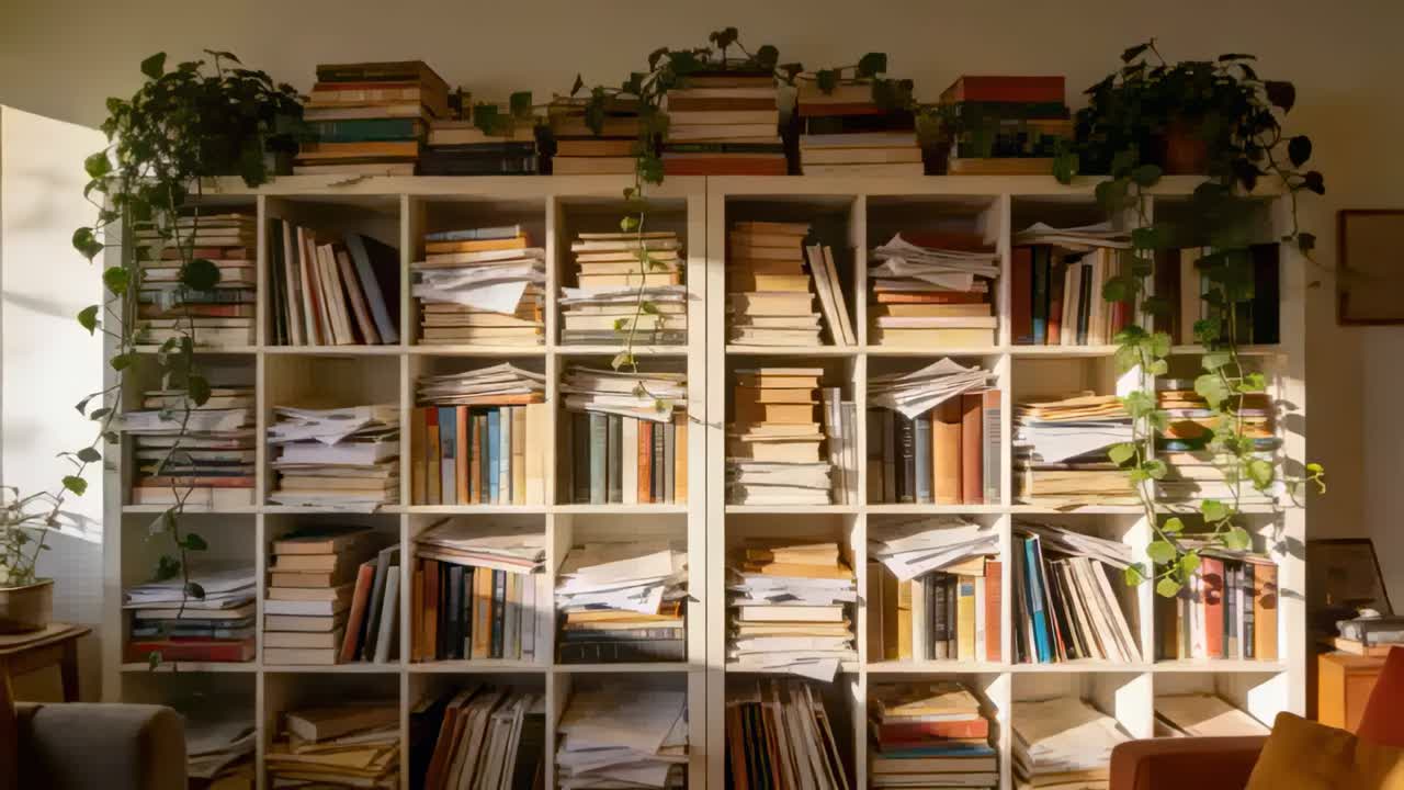 Wanderndes Sonnenlicht durchquert Gitter-Bücherregal, wirft Schatten auf Bücher und Pflanzen, während die Sonne zu Hause wandert.