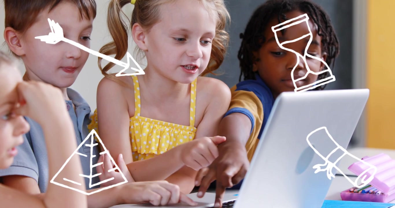 Animation of school icons over diverse schoolchildren in classroom
