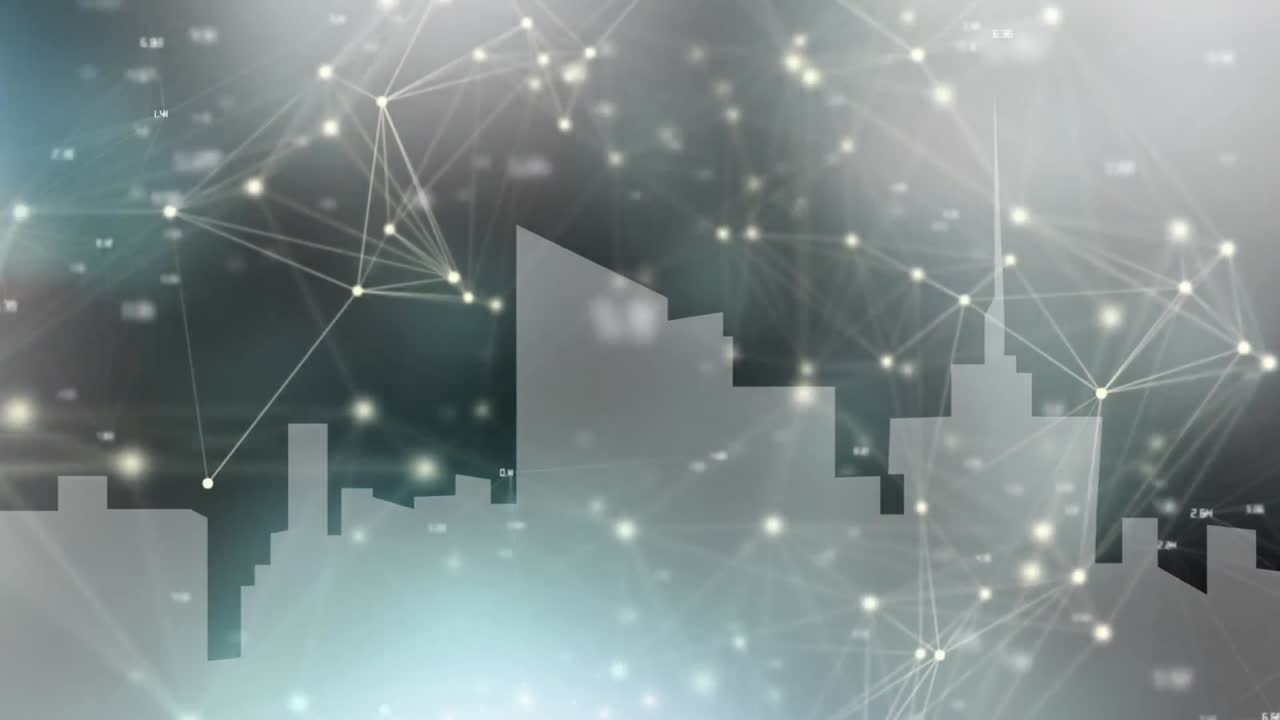 灰色の背景の都市風景のイラストの上に接続のネットワークのアニメーション