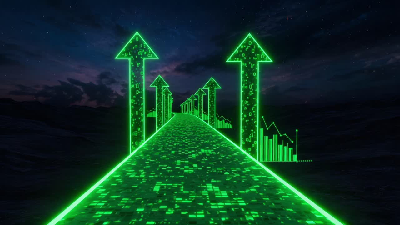 Futuristic Pathway Illuminated with Digital Data Visualizations and Ascending Arrows, Symbolizing Growth, Progress, and Technological Advancement on a Night Sky Background