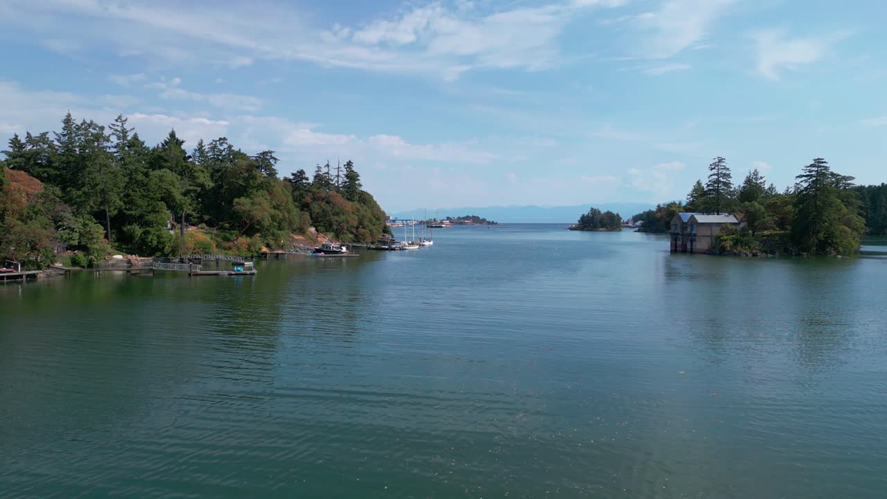 una toma aérea de un dron del océano entre los muelles privados y la isla cole