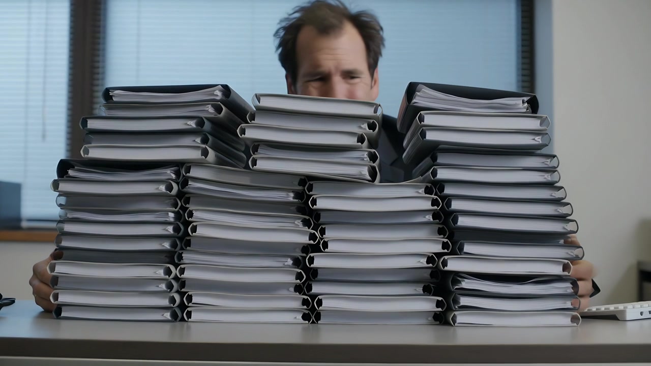 Peeking over binder stacks, middle-aged man in suit steadying and pushing piles at office desk