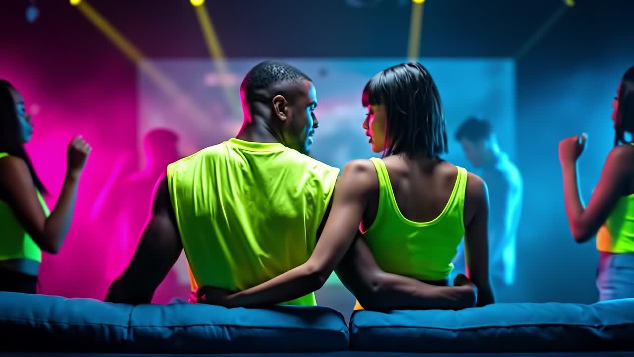 A man and a woman sitting on a bed in a room