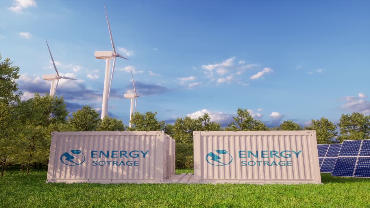 Energy Storage Facility with Wind Turbines and Solar Panels