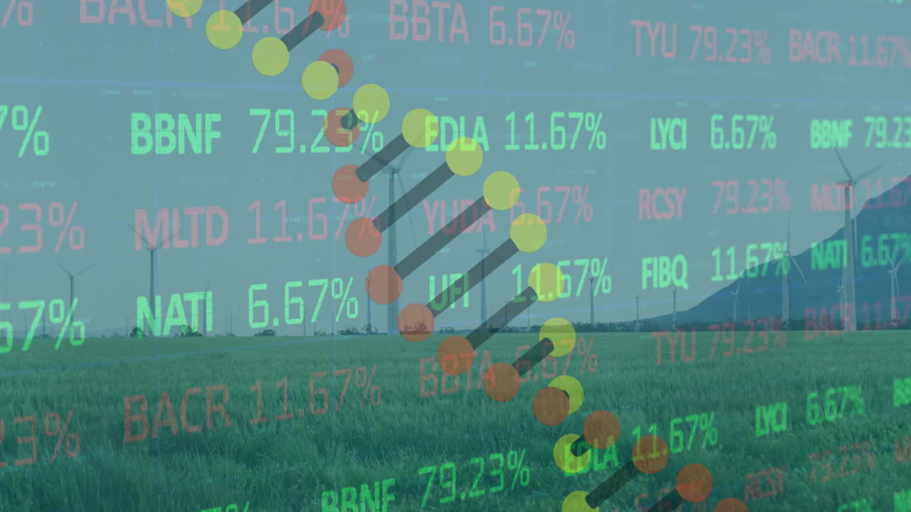 Stock market data animation over green landscape with wind turbines