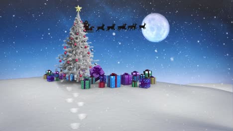 Animation-of-santa-claus-in-sleigh-over-snow-falling,-christmas-tree-and-winter-landscape