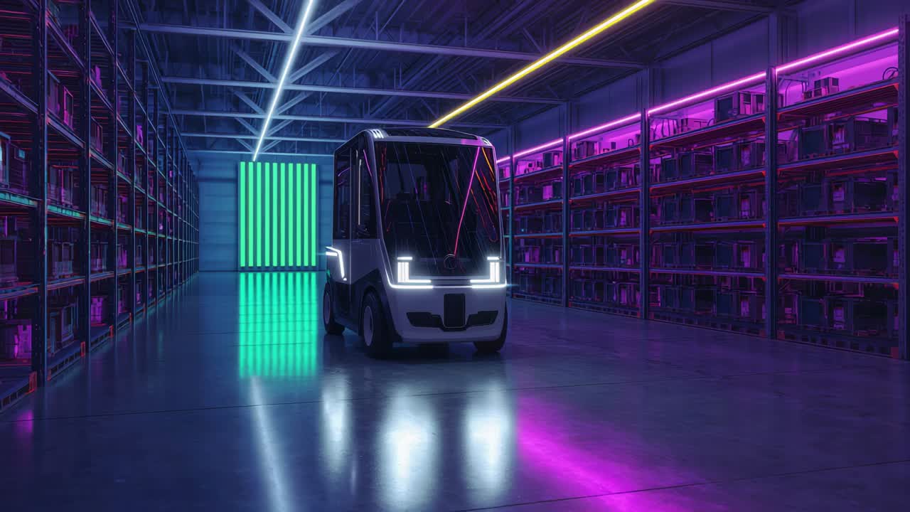 Starting autonomous vehicle rolling forward in high-bay aisle to center lane, with LED headlights