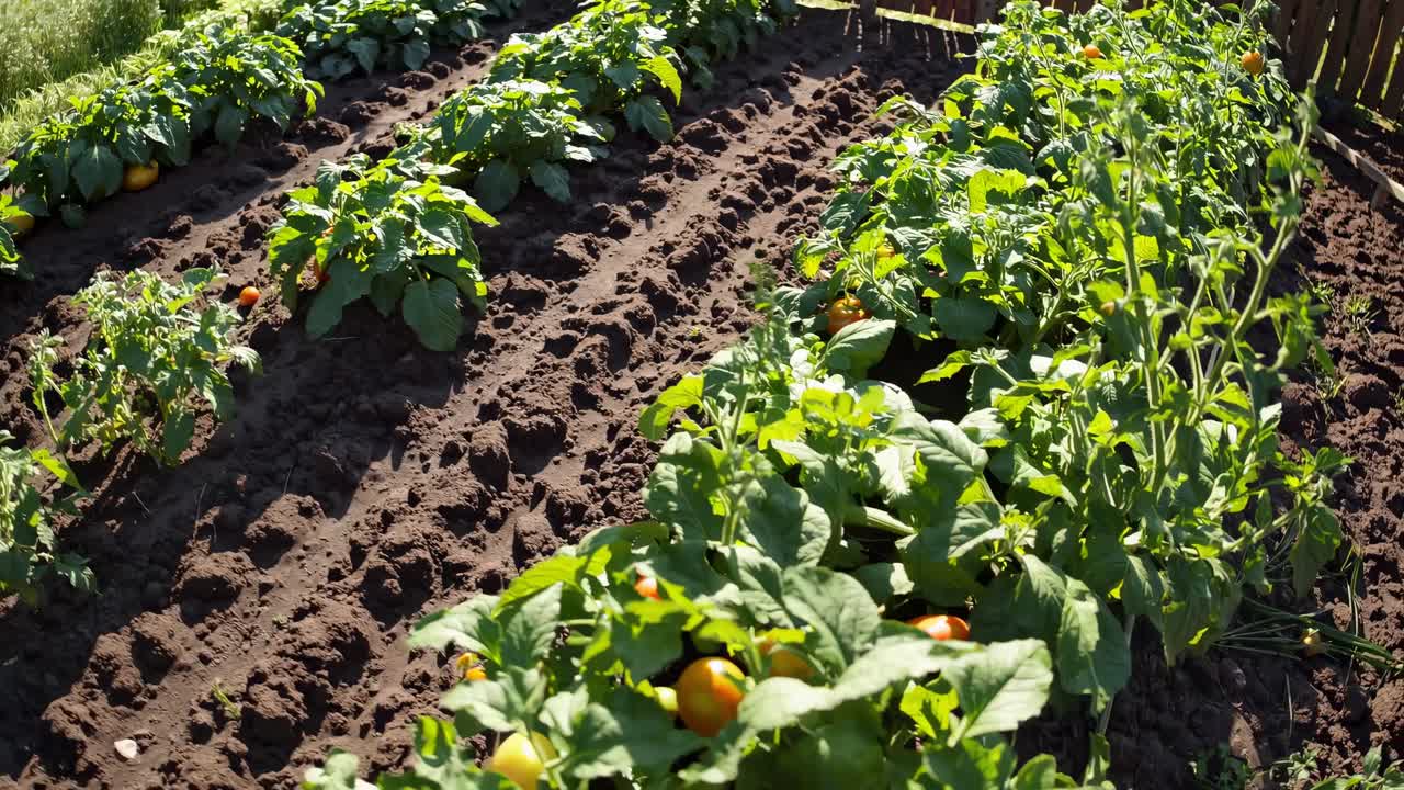 Aerial view of a lush vegetable garden with rows of green plants and ripe tomatoes