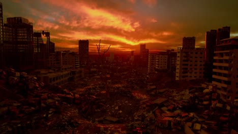 deserted demolished city buildings, after war, sunset time