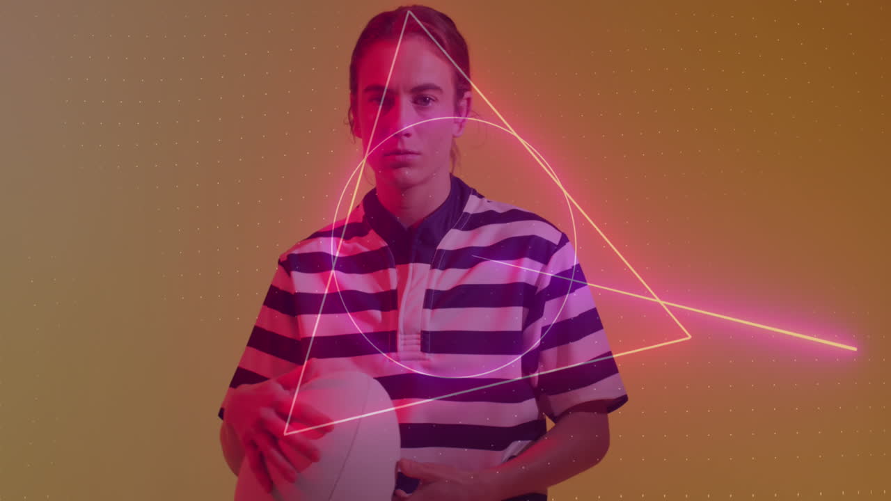 анимация неонового узора над женщиной-регбистом на неоновом фоне