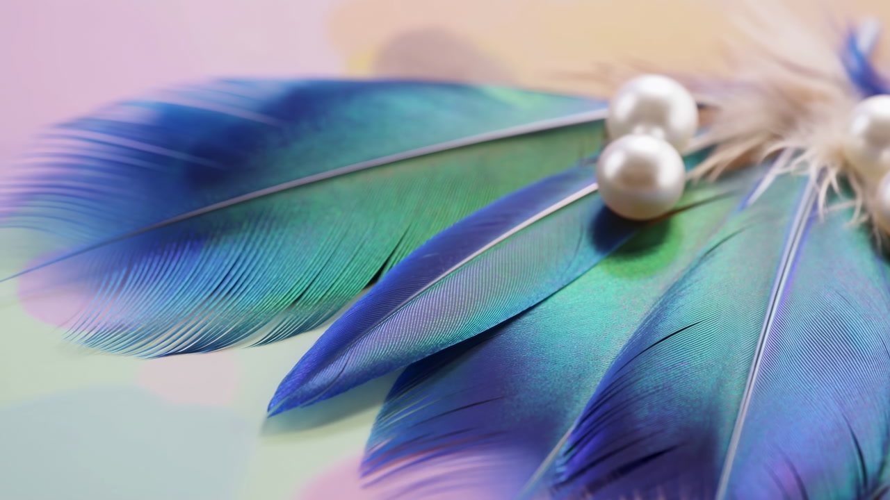 Iridescent Feathers With Pearls Pastel Backdrop, Soft Studio Lighting Highlights Delicate Texture And Shimmer,
