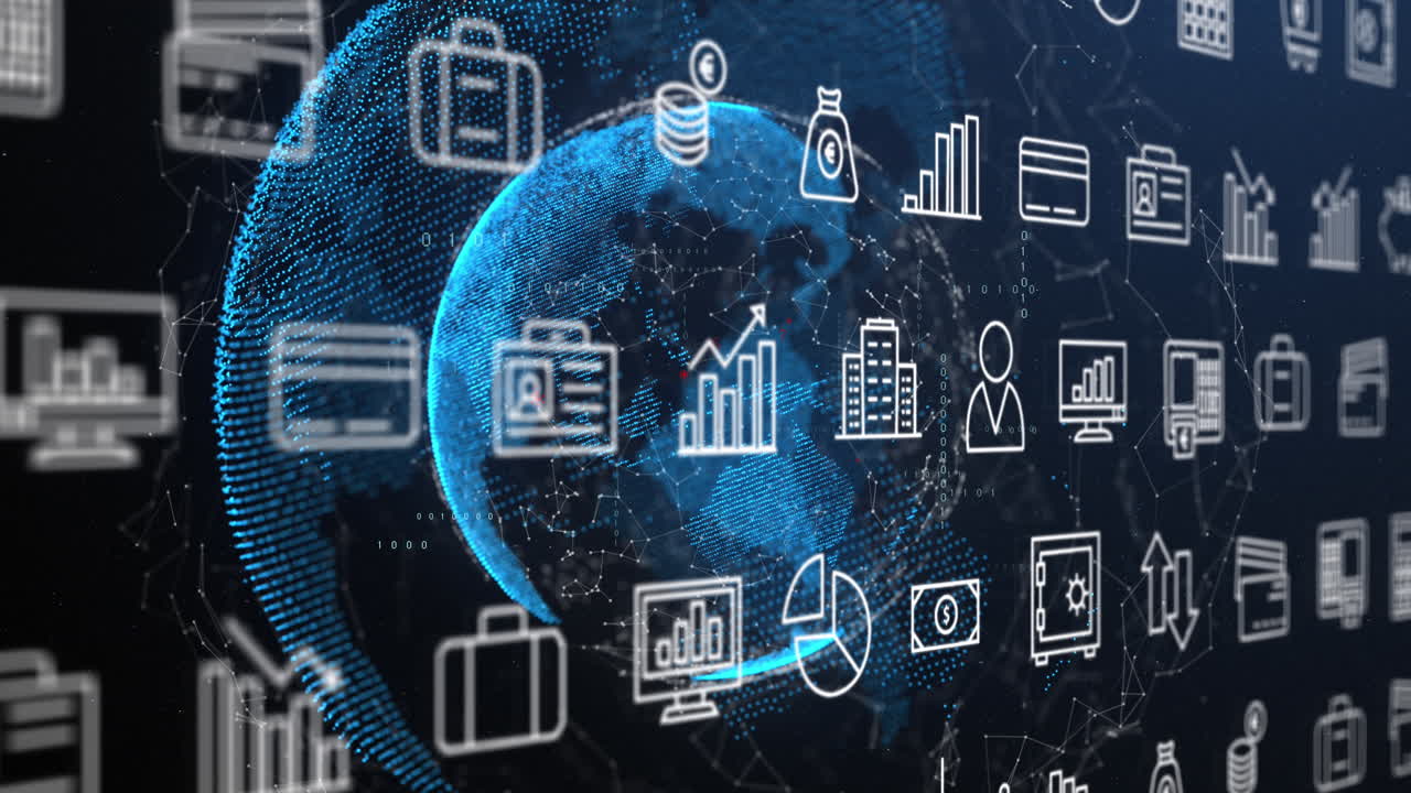 animación de múltiples iconos digitales en todo el mundo y red de conexiones sobre fondo azul