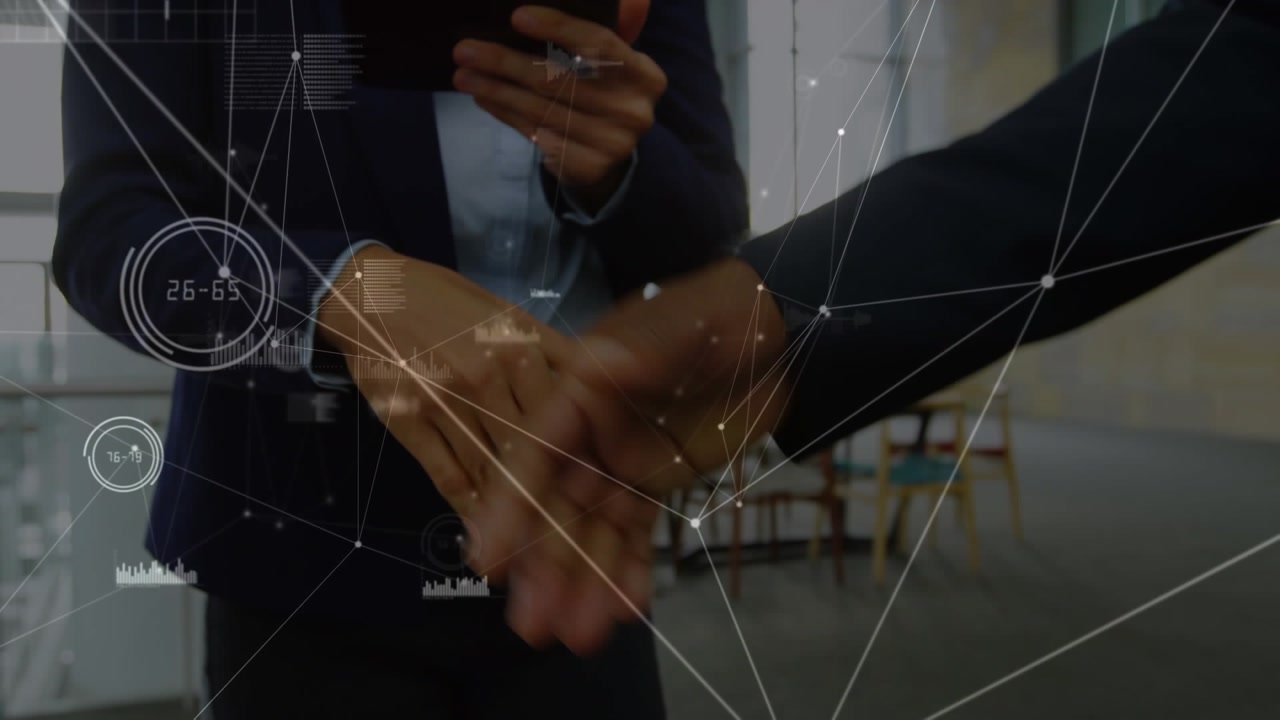 Animation of network of connections against mid section of businesspeople shaking hands at office