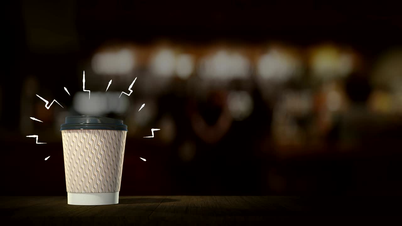 커피와 테일이있는 색 커피 컵은 바 카운터 테이블 스탠드에서 무한 루프로 나타납니다. 모션 그래픽 라인과 함께 카페와 레스토랑의 텍스트 제목을 광고하기위한 완벽한   계획