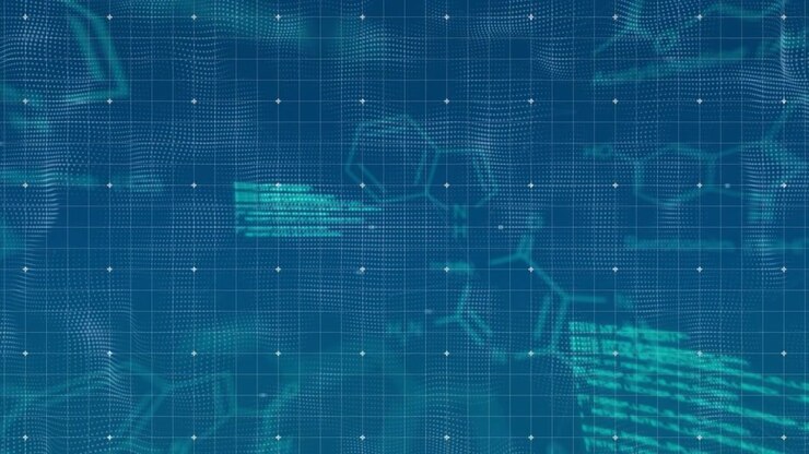 Animation of data professing and chemical formulas on blue background