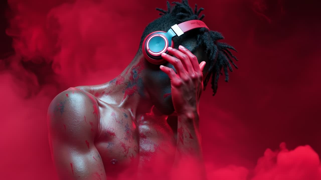 Artistiek portret van een man met een koptelefoon, omringd door dikke rode rook en dramatische neonverlichting