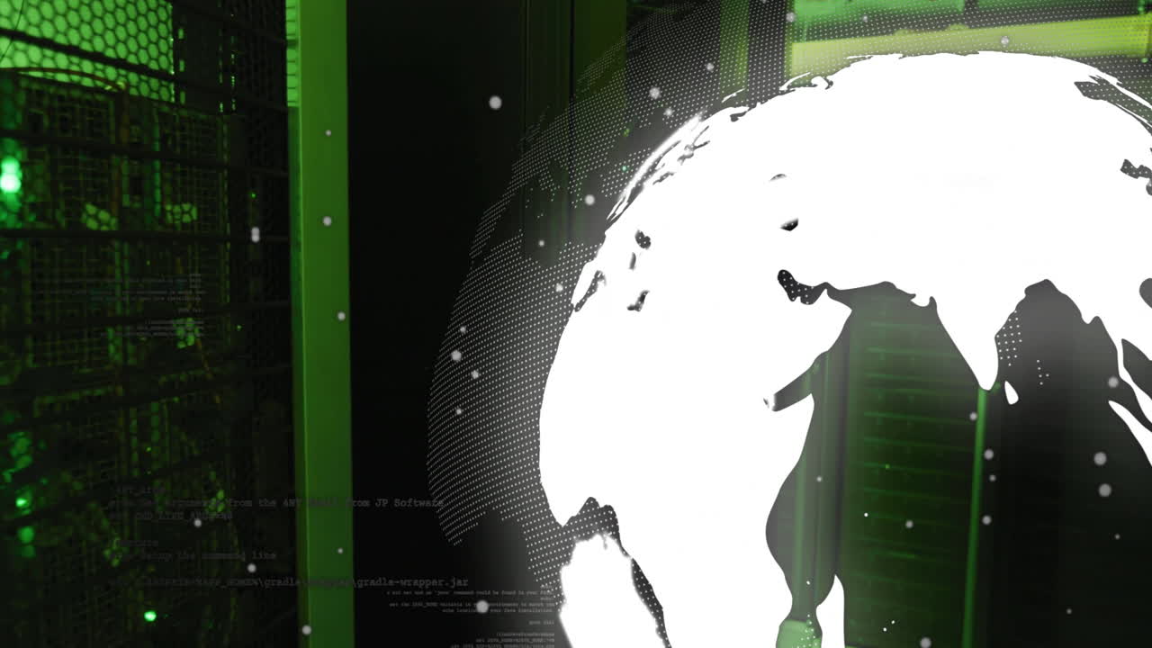 Rotating globe and data processing animation over green and black background