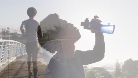 animation of african amercian man running and drinking water