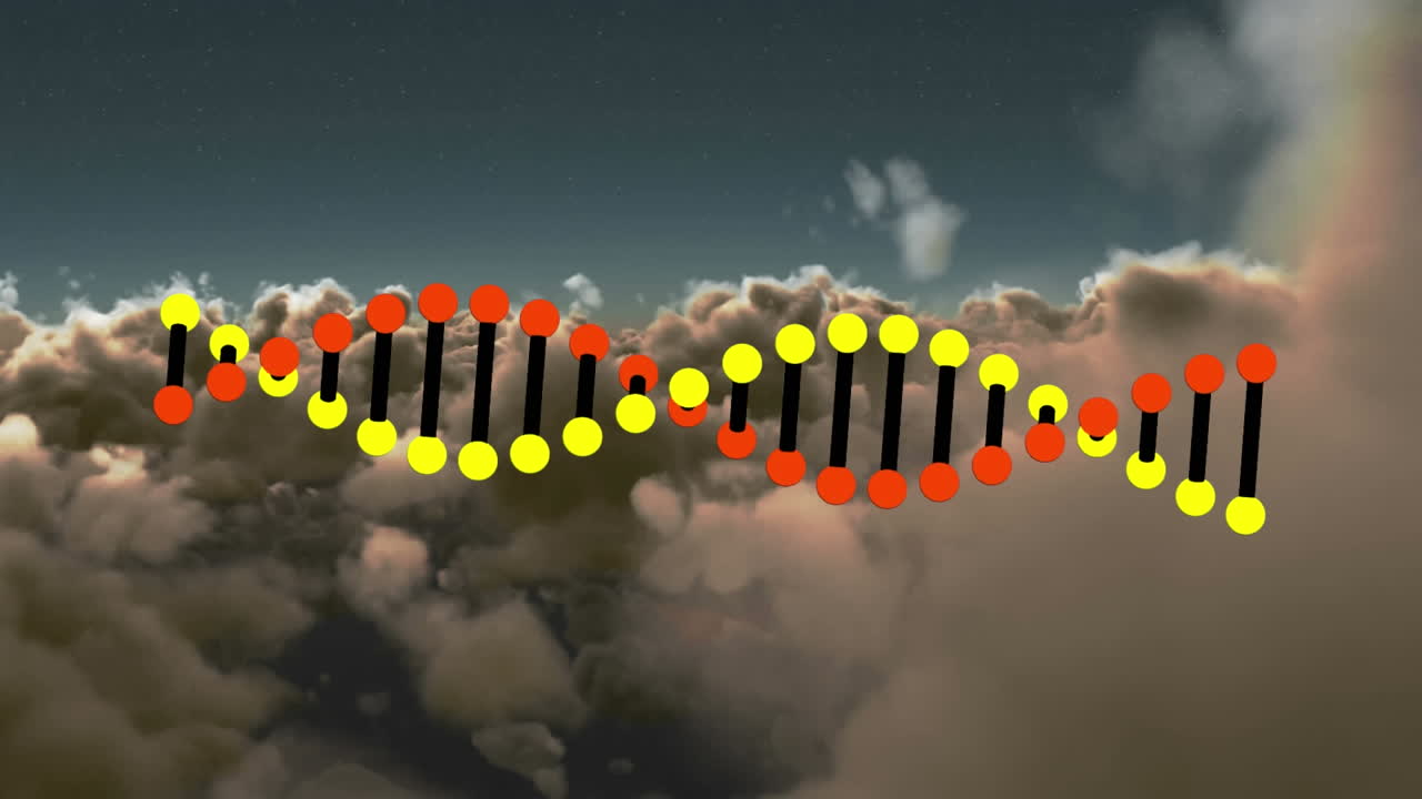 animación de la cadena de adn giratoria sobre las nubes, etc.