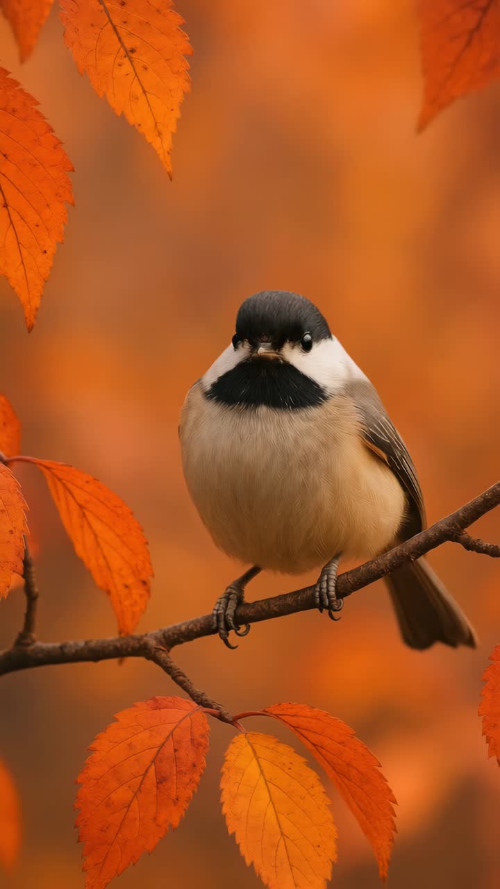 Close-up video concept of a chickadee perched on a branch, surrounded by vibrant autumn leaves