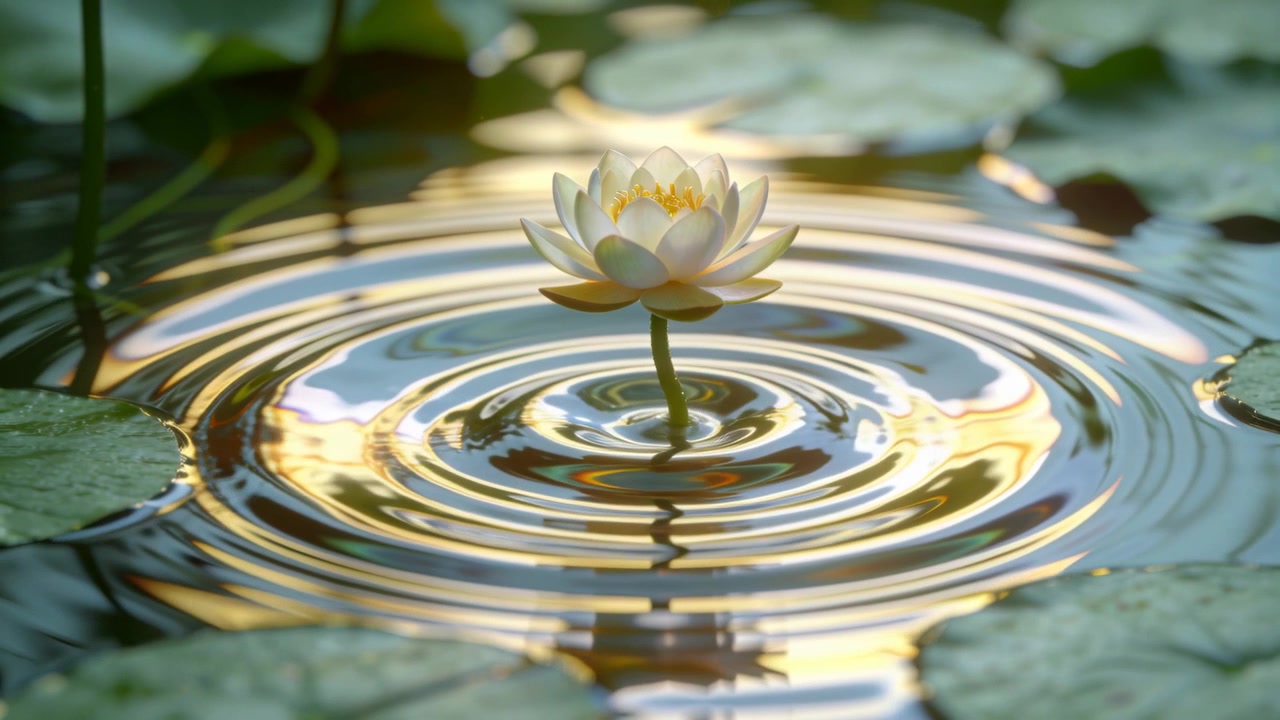 Reacting to initial ripple, single white water-lily bobbing on pond, with ripples and lily pads